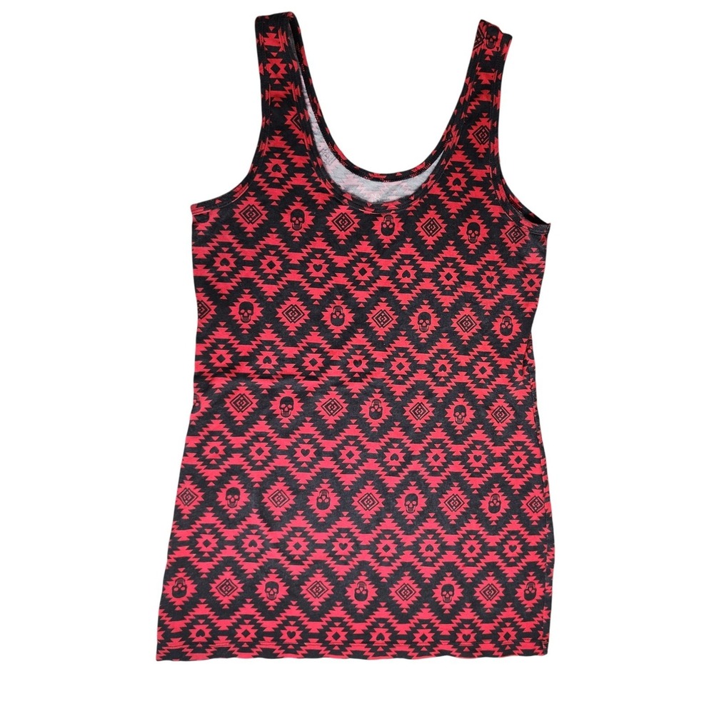 No Boundaries Womens Tank Skull Print Red‎ Black L/G (11-13) Goth Halloween Y2K
